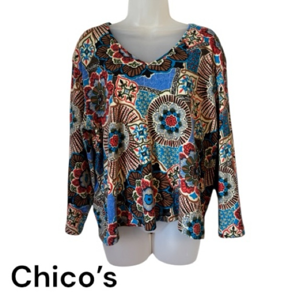 Chico's Multicolor Floral V-Neck Long Sleeve Top